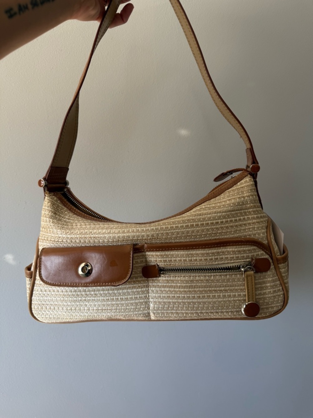 VTG Liz Claiborne Woven Beige Tan Straw Shoulder Bag Brown Trim Grandma Core S M - Picture 2 of 15